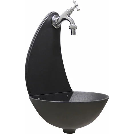 Fontana a muro modello Luna colore grigio ghisa per casa e giardino con rubinetto in ottone cromato