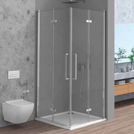 Box doccia angolare 70x70 in vetro temperato trasparente doppio soffietto con profili cromo Neos