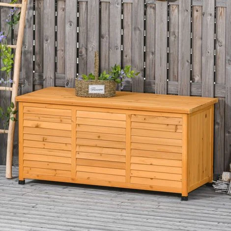 Baule da giardino in Legno Con coperchio apribile, design a doghe ventilato, idrorepellente, giallo 127×56×60 cm