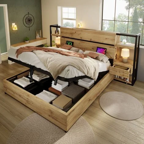 Letto Matrimoniale 180x200 m, Contenitore Idraulico, Testiera on Cassetti, USB e Type-C, MDF, Naturale(Senza Materasso)