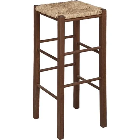 Sgabello h 70 cm in legno noce scuro con seduta quadrata in paglia gambe dritte