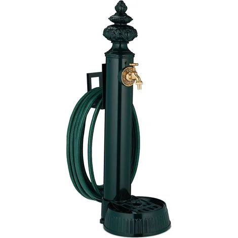 Relaxdays Fontana da Giardino Stile Antico, Fontanella a Colonna con Rubinetto, Vaschetta, Portatubo, 87x26x43 cm, Verde