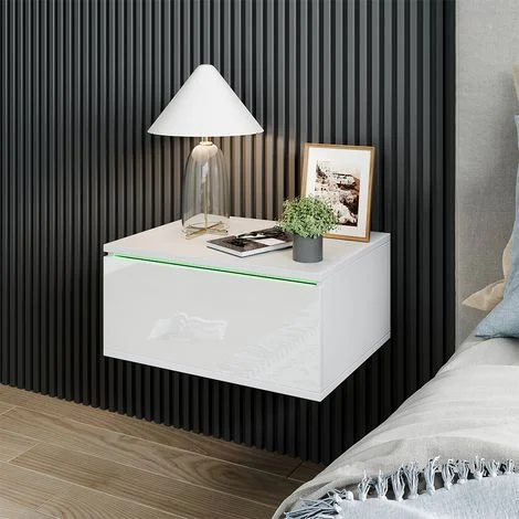 Comodino camera da letto Samira, Bianco, 49 x 23 cm Con illuminazione a LED, Vicco