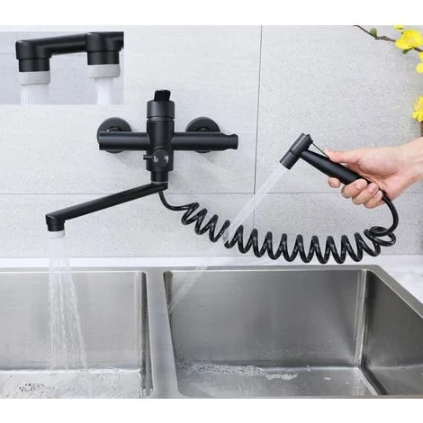 Rubinetto da cucina a muro con pistola staccabile, rotazione a 360°, flessibile da 23 cm, comando separato per acqua calda/fredda, 4 modalità di flusso, in acciaio inossidabile 304 nero