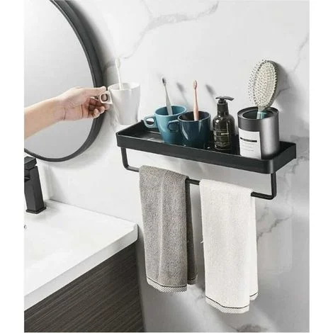 Portasciugamani, mensola quadrata da bagno con portasciugamani e asta a parete, lega di alluminio massiccio, finitura nero opaco, nero, 30 cm - LIAIKI