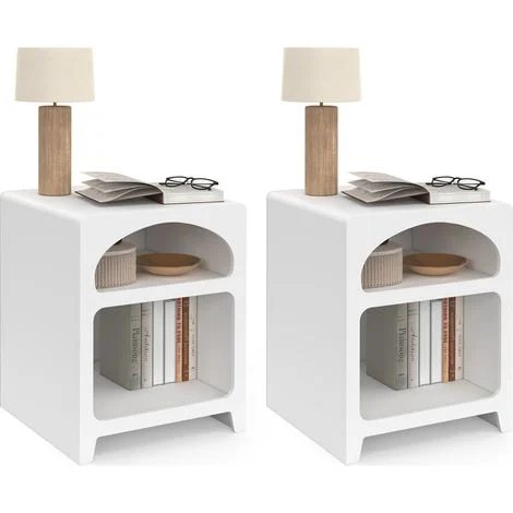 Set di 2 comodini organici ALESIA, legno bianco, 2 nicchie