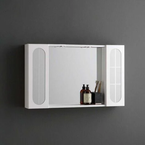 Specchio Bagno Contenitore 92Cm 2 Pensili Con Anta Specchio E Luce Led