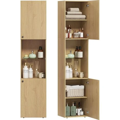 Mobile alto da bagno, colonna contenitore a 6 ripiani con 2 ante e ripiani regolabili, 40x31x182 cm, rovere.