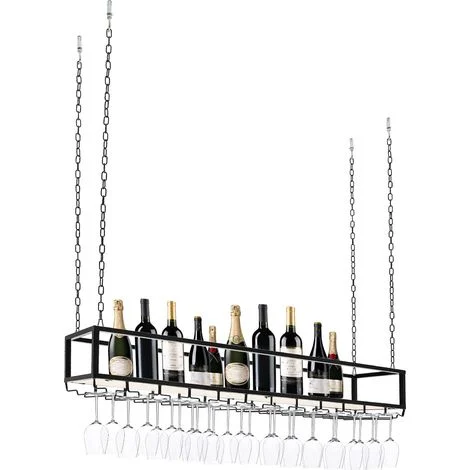 Portabicchieri da vino, decorazione retrò capovolta, gancio da soffitto, decorazione da soffitto per portabottiglie, scaffale per cantina (nero)