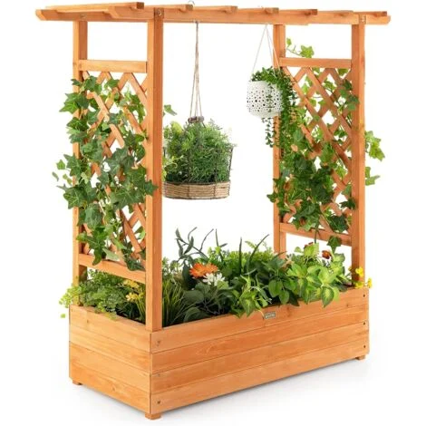 COSTWAY Fioriera con Fori di Drenaggio e Grigliato per Piante Rampicanti, Porta Piante in Legno da Esterno, Fioriera da Esterno per Giardino, Cortile e Balcone,100 x 44 x 113,5 cm
