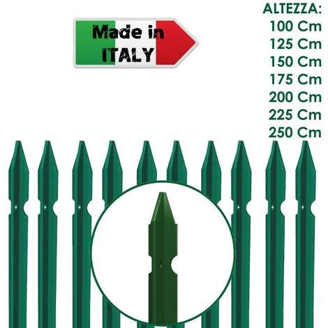 10 PZ PALO PALETTO IN FERRO A T 30x30x3 mm PLASTIFICATO VERDE PER RETE RECINZIONE - H 225 cm
