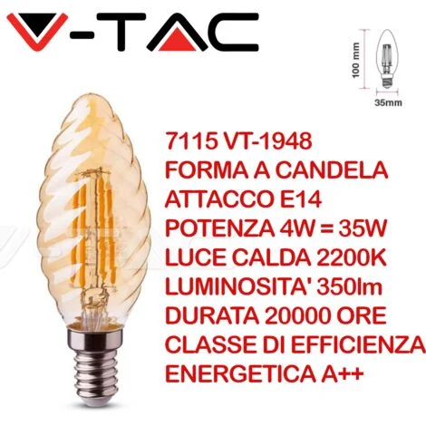 V-TAC VT-1948 7115 Lampadina LED E14 4W Candela a Tortiglione a Filamento Ambrato 2200K