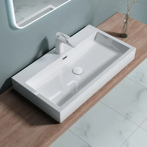 doporro® Lavabo da Appoggio, Lavabo Bagno Sospeso 76.5x42x10cm, Lavandino Bagno Rettangolare da Minerale Fuso Colossum06-765