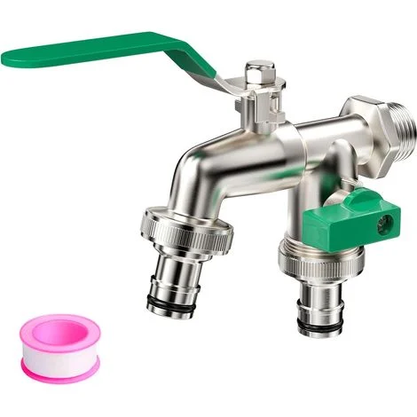 Rubinetto da Giardino 1/2'' Pollice, Con Due Uscite da Valvola a Sfera da 3/4 Pollici, Valvola Erogatrice a Sfera, Rubinetto Antigoccia, Rubinetto Esterno in Ottone, per Giardino, Lavatrice