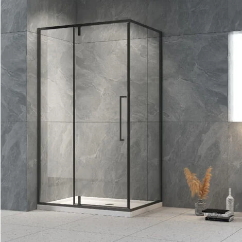 Box Doccia 80x100 Cm Angolare Nero Slim Parete Fissa e Porta Battente TrasparenteLux