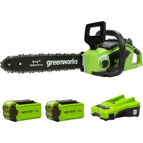 Greenworks GD40CS15K2X Motosega a Batteria con Motore Brushless, Lunghezza Barra 14 Pollice (35cm), Velocità Catena 12m/s, 3,5kg, Auto-Lubrificante, 2 Batterie da 40V 2Ah e caricabatterie