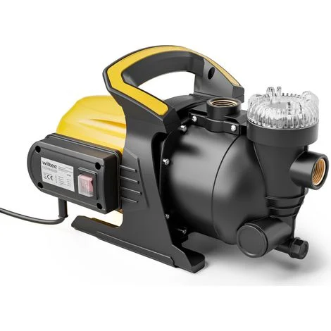 Wiltec Pompa da giardino 1200 W alloggiamento in plastica, portata 3800 l/h, con prefiltro e maniglia di trasporto, altezza di mandata 48 m, profondità 8 m, 2850 rpm, per laghetti, cisterne, autoclavi