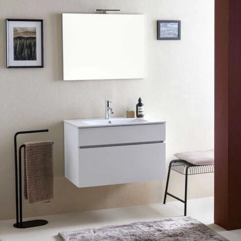 Mobile Bagno Sospeso Da 80 Cm Con Cassettone Bianco Effetto LegnoSole