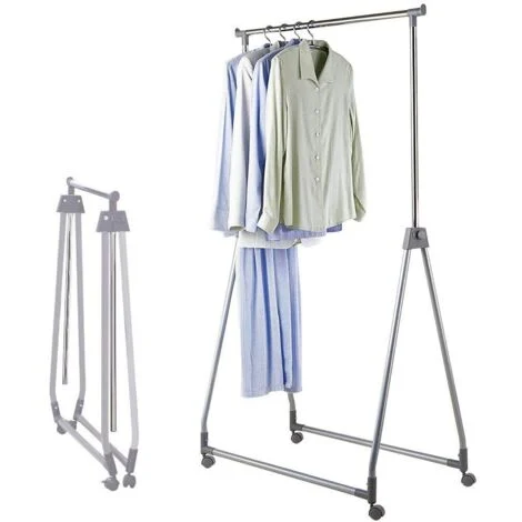 BAKAJI Stand Appendiabiti Singolo Pieghevole Regolabile in Acciaio e Plastica Dura, Aste Telescopiche, con 4 Ruote, Esposizione Negozio, Appendi Abiti Professionale Richiudibile (Grigio)