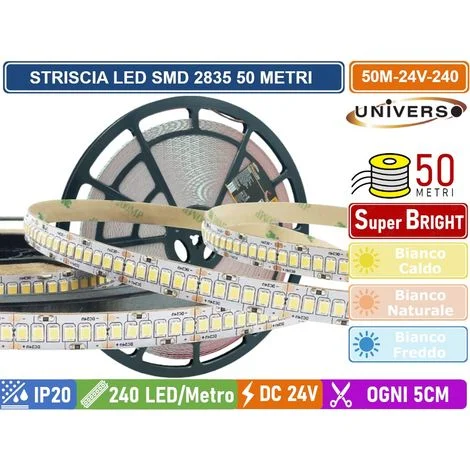 STRISCIA LED SMD 2835 BOBINA DA 50 METRI 20W/M 24V MONOCOLORE 240 LED/METRO 120000 LUMEN IP20 - COLORE LUCE : BIANCO NATURALE