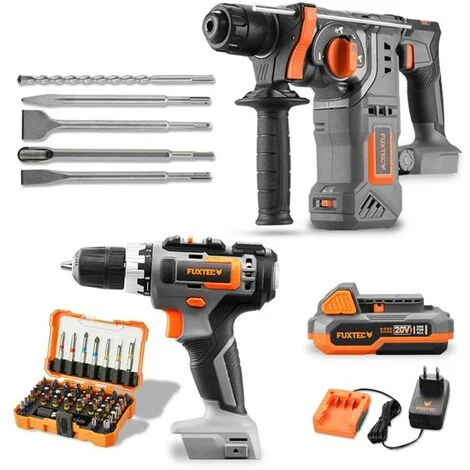 SET FUXTEC 20V Avvitatore a batteria + Trapano a percussione tassellatore + set di punte e scalpelli