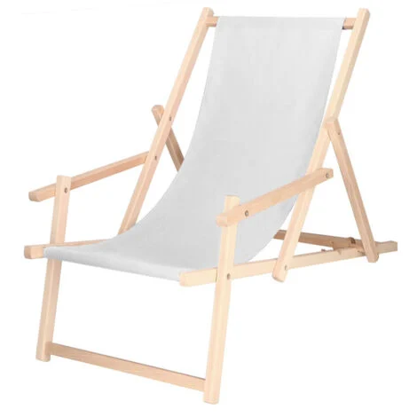 Sedia a sdraio pieghevole con braccioli color grigio chiaro.