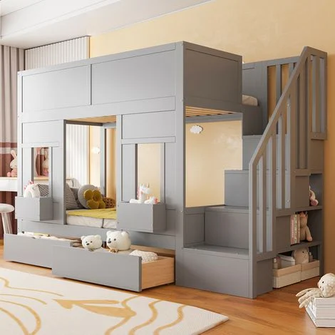 Letto a castello per bambini con scaletta contenitore e cassetti, 90 x 200 cm. Ampio letto a soppalco con finestre e contenitori, struttura in legno con sponda di sicurezza, letto salvaspazio per bamb