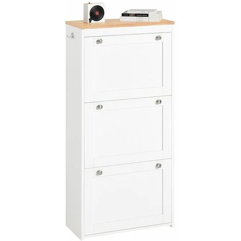 Scarpiera Ribaltabile, Scarpiera Con 3 Ribalte, Portascarpe Salvaspazio Con 2 Ganci, Bianco-Naturale 59x26x116cm FSR144-WN