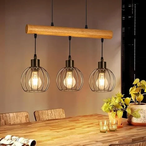 GBLY Sospensione Tavolo da Pranzo Legno Vintage E27 Lampada a Sospensione 3 Luci Industriale Lampada Tavolo da Pranzo Nera Retro Lampada Sospesa con Trave in Legno Lampada Sala da Pranzo per Soggiorno