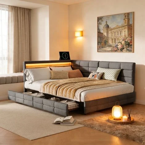 Letto singolo 90x200 cm con materasso e LED RGB, letto imbottito in lino grigio, cassetto contenitore, porta USB