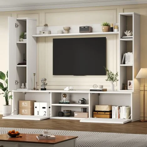 Mobile TV a parete 180 x 35 x 33,5 cm con mobiletto con ante in vetro e 2 mensole a muro, mobile TV per soggiorno, supporto TV, autoportante e a parete, adatto a TV fino a 80 pollici, bianco