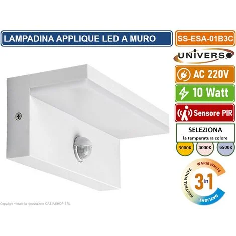 APPLIQUE LAMPADA LED DA MURO BIANCA 10WSMD SENSORE PIR DI MOVIMENTO CCT 3IN1 CAMBIA COLORE DA ESTERNO IP54