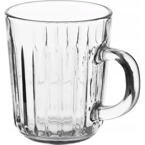 Tazza Venus da 230 ml in vetro a righe con manico, ideale per caffè e tè.