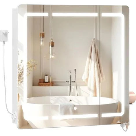 Specchio Bagno Contenitore, con Grande Specchio, Illuminazione a LED, Specchio a 3 Ante Pieghevole, Porta Asciugacapelli e Ganci, Ripiano Regolabile, Bianco