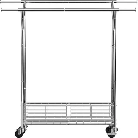 Mophorn Appendiabiti con Rotelle a Doppia Asta e Cestello Portaoggetti, Capacità di Carico 150 kg, Struttura in Acciaio al Carbonio Regolabile per Camera da Letto, Lavanderia e Soggiorno