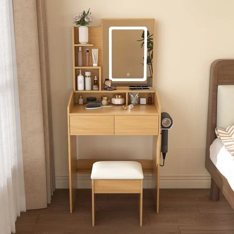 Toeletta con specchio LED e sgabello imbottito, presa integrata, supporto per asciugacapelli, 60x36x130 cm, finitura legno naturale, per camera piccola