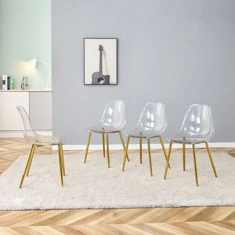 REDOM Set di 4 sedie da pranzo, seduta trasparente, gambe in metallo dorato, stabili e facili da pulire