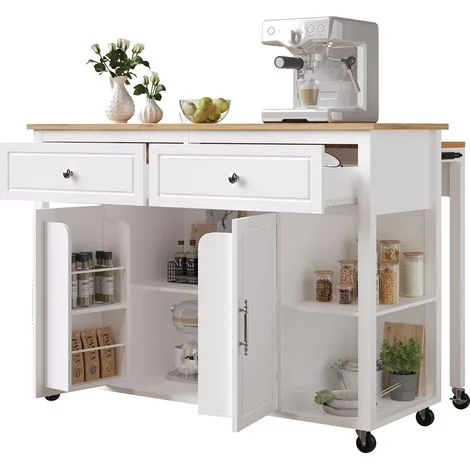 MODFU - Carrello da cucina su ruote, 2 cassetti, 2 ante, isola centrale con tavolo allungabile e ripiani regolabili, 120×50/81×92cm, MDF, bianco