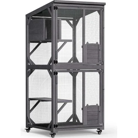 Wiltec Recinto per gatti da esterno 74 x 78 x 180 cm, legno di abete, più livelli, 2 porte, con rotelle, recinto per gatti per giardino, balcone, rifugi
