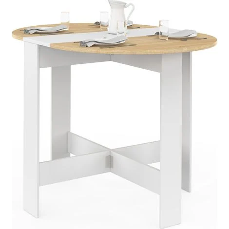EDI Consolle rotonda pieghevole 2-4 persone in legno bianco con piano in faggio 103 x 76 cm
