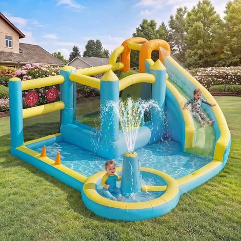 Parco acquatico gonfiabile per bambini 430x390x210 cm con scivolo, piscina per bambini, trampolino, soffiatore colorato da 450W
