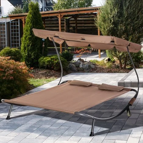 Lettino Matrimoniale 2 Posti Parasole Regolabile da Esterno e Giardino 200x175 x134cm Marrone