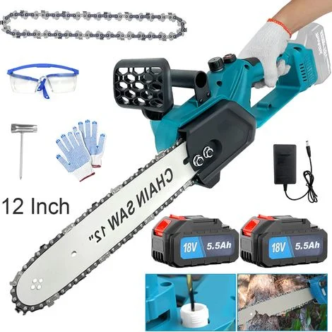 Motosega a batteria, Motosega a batteria senza spazzole da 12 pollici, Motosega portatile per rifinitura e taglio di alberi, Batteria 2x5,5 A + Caricatore , Compatibile con Batteria Makita