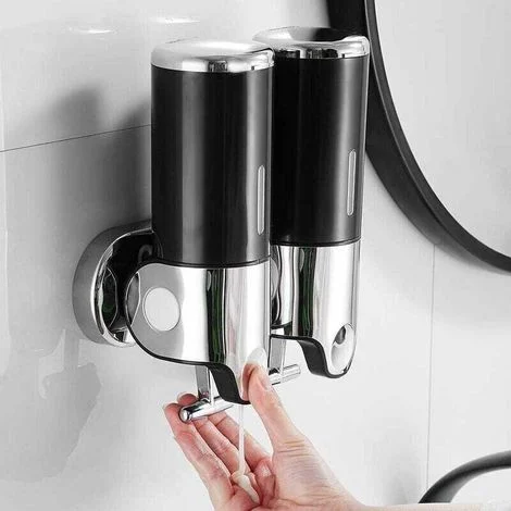 Distributore murale per sapone liquido e bagnoschiuma a doppia testa – Serbatoio in rete per shampoo, bagnoschiuma e sapone per le mani (colore nero)