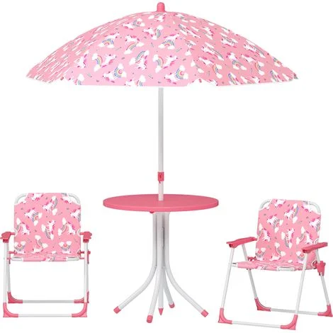AIYAPLAY Set da Esterno per Bambini con 2 Sedie, Ombrellone e Tavolino Rosa