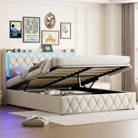 Letto contenitore matrimoniale 140x190 cm, con illuminazione LED, funzione di ricarica USB + Type C, velluto, rete a doghe, adatto per adulti e ragazzi, letto imbottito idraulico - Beige