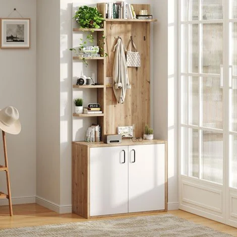 Mobile Ingresso con 6 Ripiani Aperti e Armadietto a 2 Ante, Stile Naturale, in Pannello Truciolare, Legno Naturale e Bianco, 75×33×180 cm