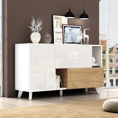 Credenza buffet madie 120x40x75cm con 2 cassetti 2 ante, cassettiera, mobile cucina, pannello truciolare, bianco