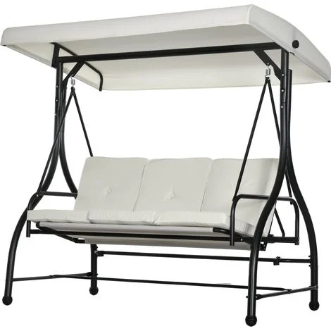 Dondolo Letto da Giardino 3 Posti con Tettuccio Regolabile 195x117x175 cm in Acciaio e Poliestere Crema e Nero