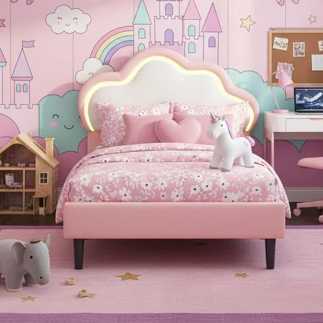 Letto matrimoniale 90x200 cm, letto 90x200 per bambini, con luci LED nella testiera, con rete a doghe e schienale a forma di nuvola, letto imbottito 90x200 cm, rosa